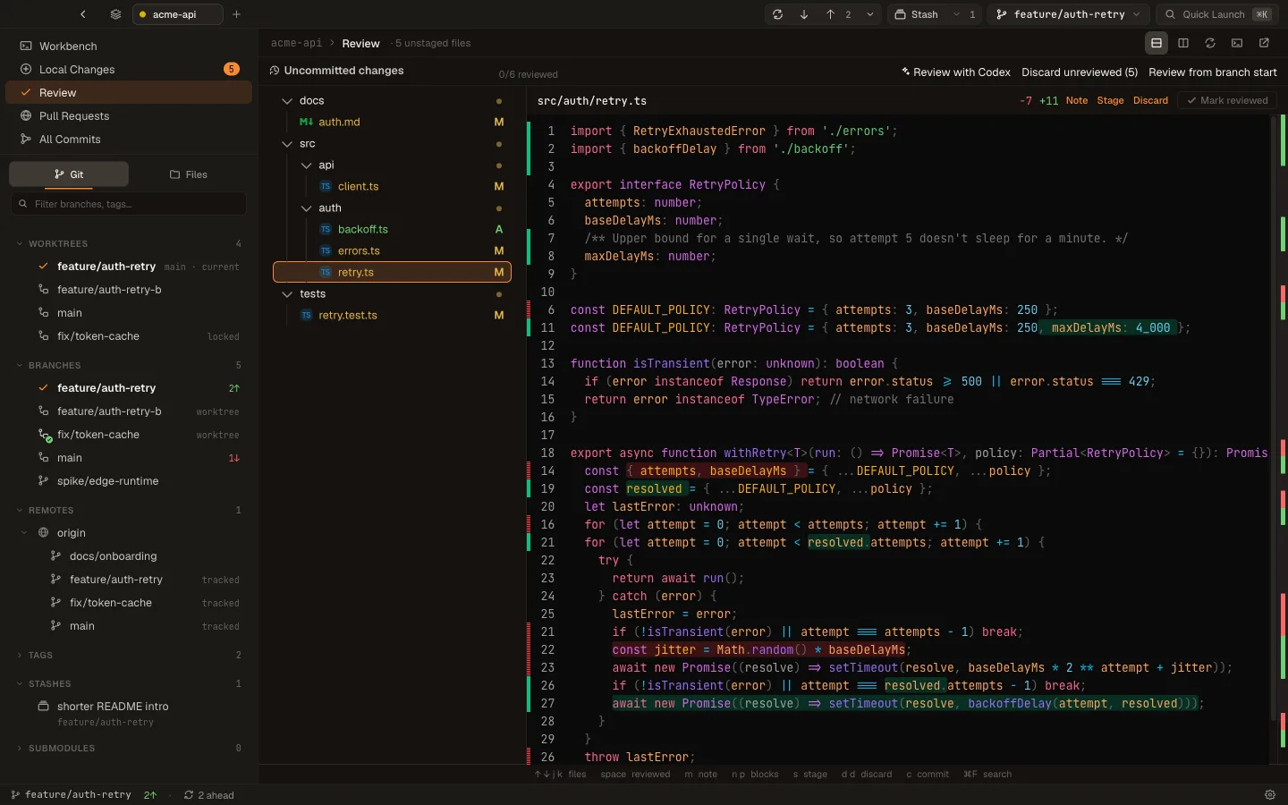 Strand's Review surface: worktrees, branches, and stashes in the sidebar, a queue of six changed files, and a whole-file diff of src/auth/retry.ts with the retry-policy changes highlighted.